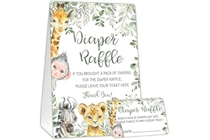 GEURO Jungle Animals Diaper Raffle Tickets for Baby Shower Game, 1 Standing Sign(5 * 7 Inch) & 50 Guessing Cards for Baby Shower Party Decoration