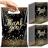 Pajean 100 Pcs Thank You Gift Bags Bulk Black and Gold Plastic Bags with Handles Black Goodie Treat Shopping Wrap for Birthday Party Favors Small Business Merchandise Graduation, 6.7" x 9.8"