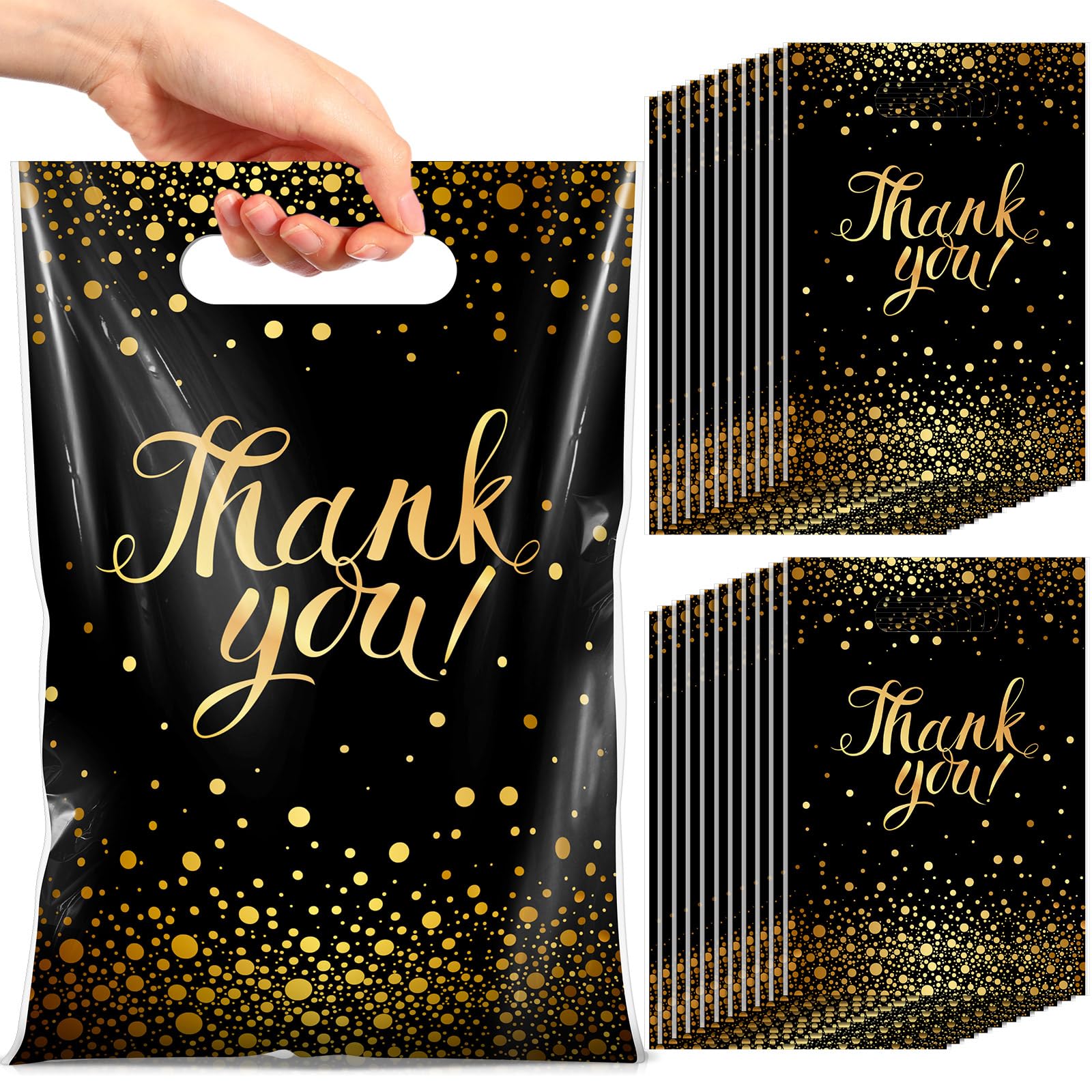 Photo 1 of Pajean 100 Pcs Thank You Gift Bags Bulk Black and Gold Plastic Bags with Handles Black Goodie Treat Shopping Wrap for Birthday Party Favors Small Business Merchandise Graduation, 6.7" x 9.8"