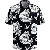 Mens Hawaiian Skull Floral Shirt Short Sleeve Button Down Funny Skeleton Holiday Shirts Casual Tropical Shirt