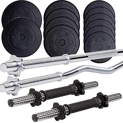 ScSPORTS® 45 kg Kunststoff Hantelset mit 1x Langhantel-Stange, 1x SZ Curlstange und 2X Kurzhanteln mit Gewinde, Kombiset inkl