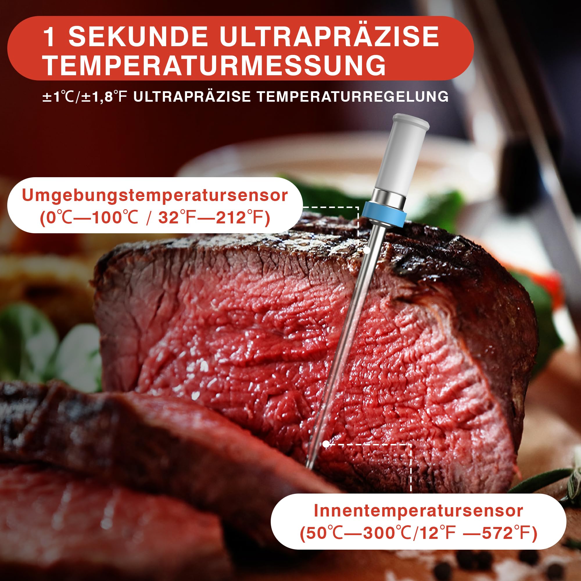 Fleischthermometer Kabellos mit APP Digital Bratenthermometer Kabellos, Grillthermometer Kabellos Bratenthermometer Digital, Backofenthermometer, Küchenthermometer LCD für Kochen, Fleisch, Grillen,BBQ
