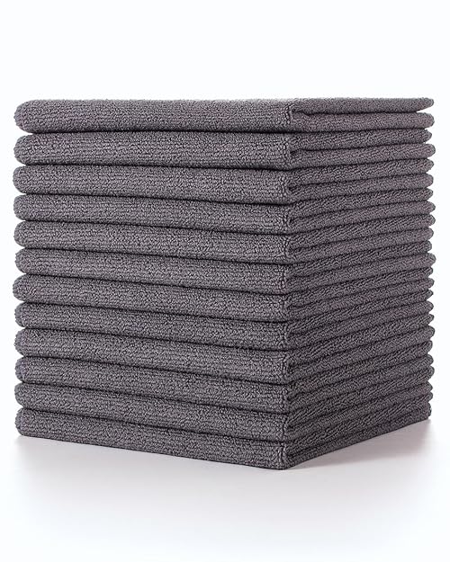 Lumimi Cleaning Cloth 12 Piece Microfiber Ultrafine Very Thick Wiping Drying Well Durable Reusable Size 15" x 15" Dark Grey, Pack of 12