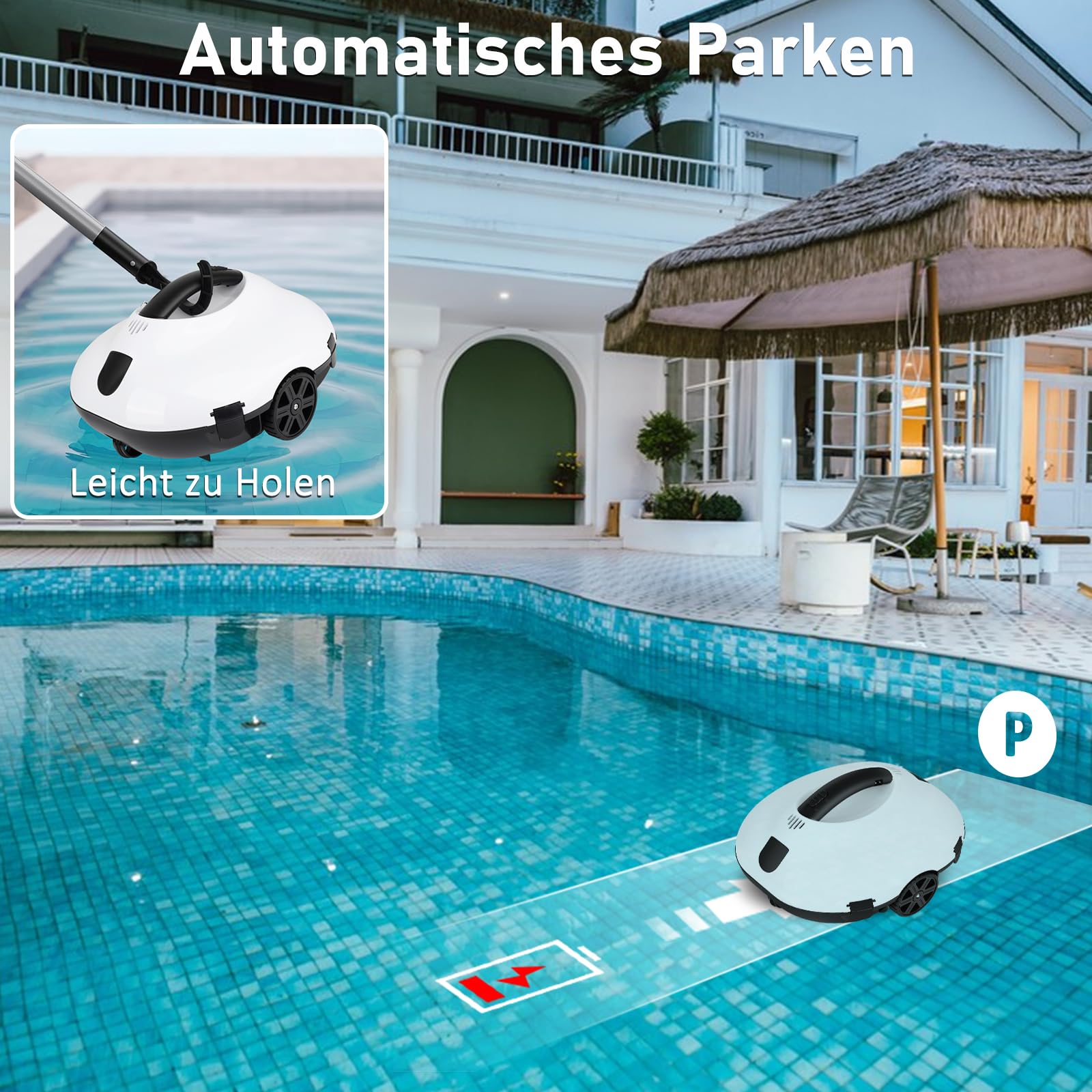COOLWEST Poolroboter Akku, 130 Minuten Reinigungszeit, Pool Roboter Kabellos, Automatische Poolreiniger mit Selbsteinparkfunktion, Pool Saugroboter für Rundpool und Aufstellpool 6