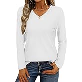 YUCOLEN Womens Long Sleeve Shirts V Neck Cotton T-Shirt Tops Solid Color Casual Breathable Basic Tee Tshirt