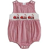 Eurvoku Newborn Baby Boy Valentines Day Outfit Embroidery Sleeveless Smocked Bubble Romper Plaid/Striped Bodysuit Jumpsuit