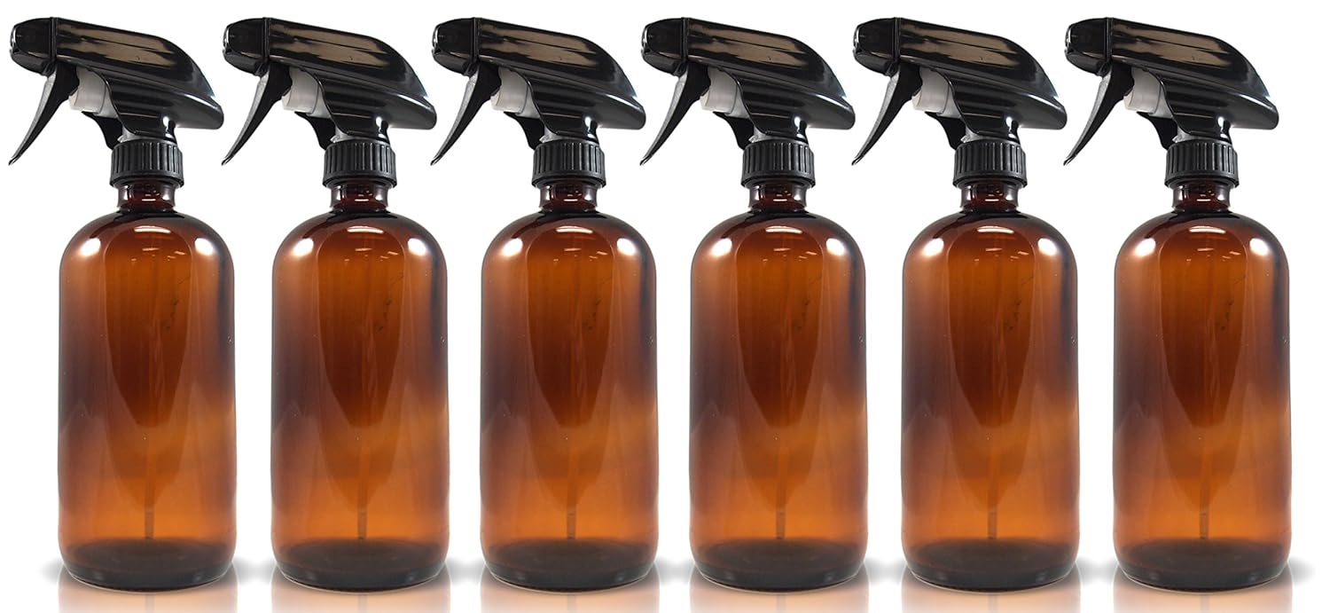 16oz Amber Glass Spray Bottles (6 Pack), W/ Heavy Duty Mist and Stream