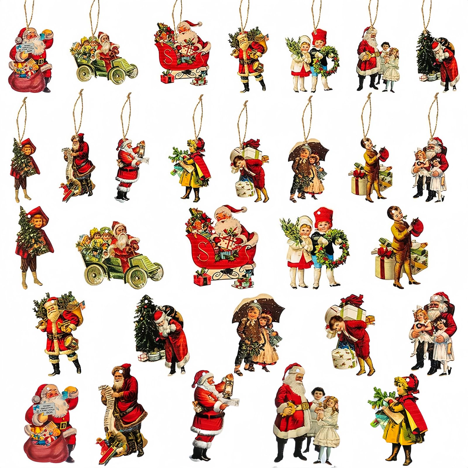 HuYiGGZ 46 Pcs Christmas Crafts Mini Christmas Figures Victorian Style Wood Ornaments Vintage Santa Wood Hanging Signs for Xmas Decor
