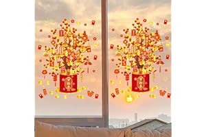 UgyDuky 2 Sheets Chinese New Year Window Clings 2026 – Fortune Tree Static Stickers for Glass Door & Shop Window Decor, Red a