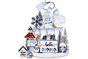 Kajaia 15 Pcs Christmas Tiered Tray Decor Winter Tiered Tray Decorations Set Snowman Snowflake Gingerbread Man Hot Cocoa Wooden Signs Farmhouse Christmas Table Decorations(Snowflake)