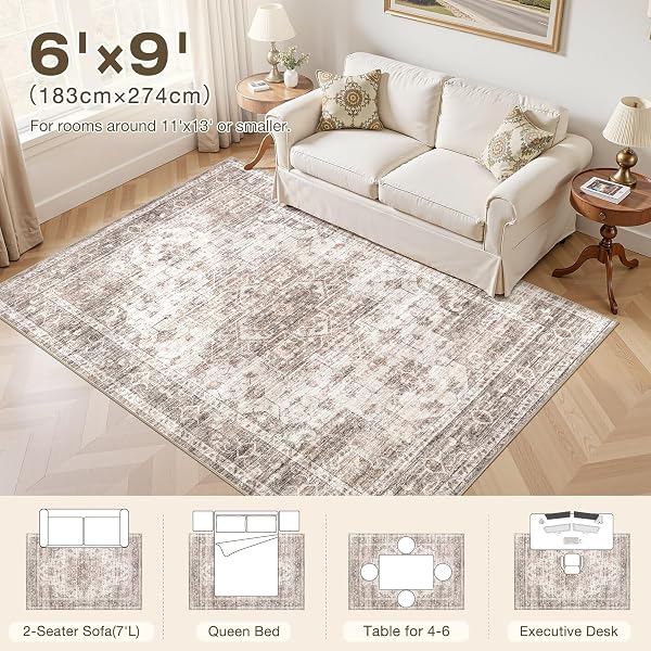 ELLIUNE WASHABLE AREA RUGS 6X9, SOFT LARGE 6X9 RUGS FOR LIVING ROOM NON-SLIP VINTAGE BROWN INDOOR CARPET STAIN RESISTANT RUGS FOR DINING ROOM BEDROOM NURSERY KID & PET FRIENDLY