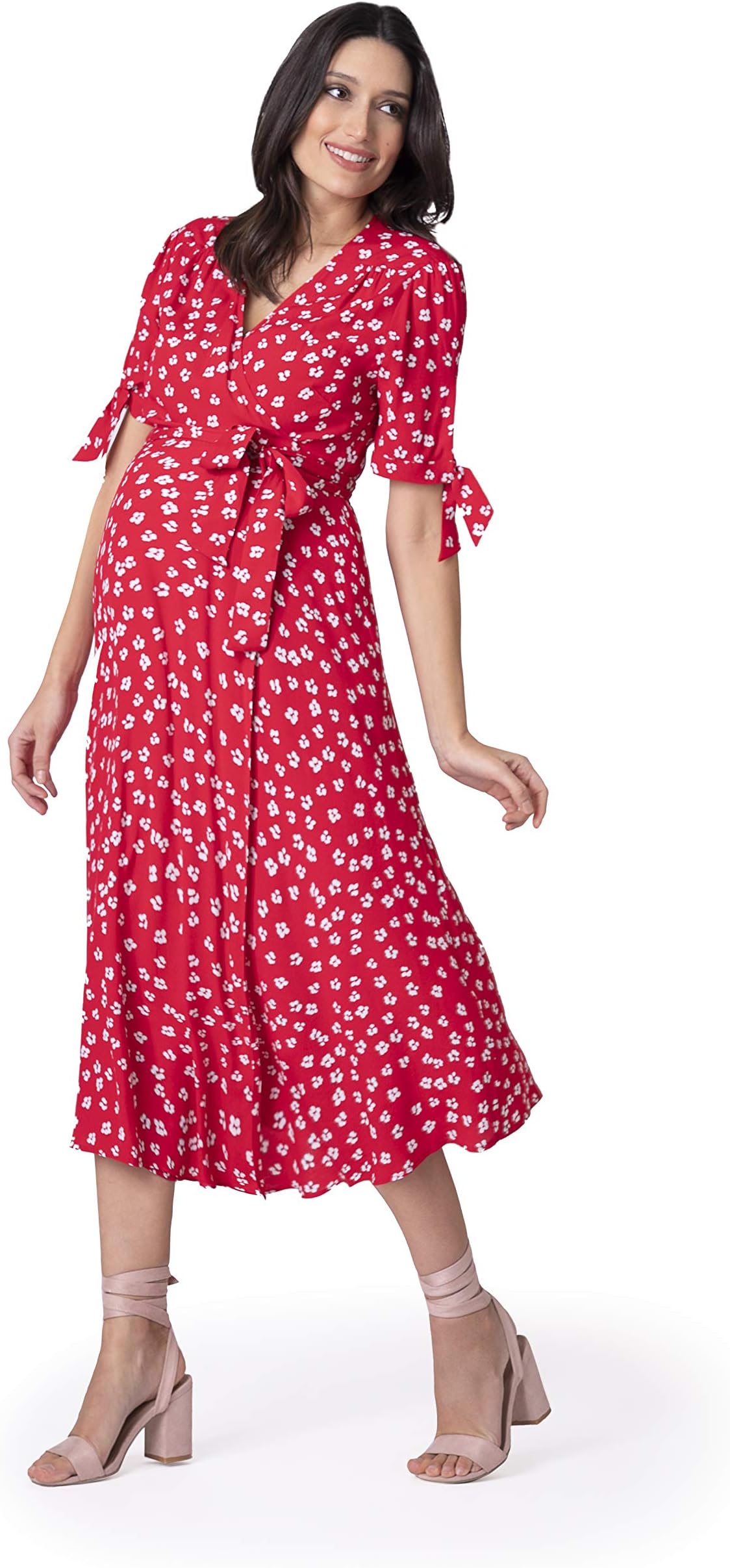 Women's Maternity Wrap Front Midi Dress Red Floral