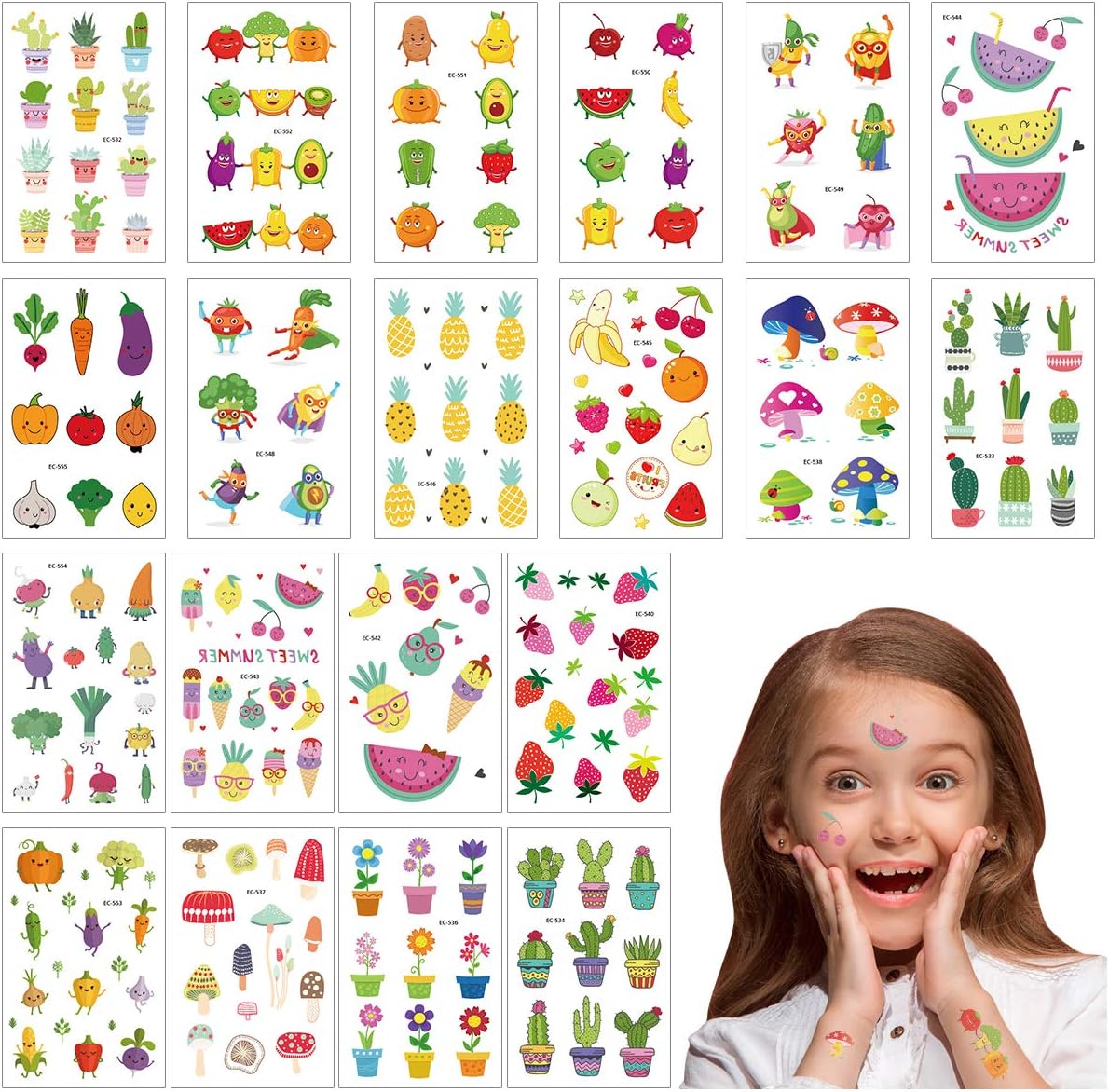 Cieovo Pack of 20 Sheets Glitter Temporary Tattoos for Kids Girls - Fun Sparkle Stickers Birthday Party Favor, Waterproof Body Stickers with Fruit, Vegetable, Cactus