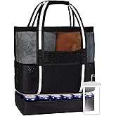 Lvdeer Beach Bag Mesh Tote for Women with Insulated Cooler plus Waterproof Bag for Phone,7 Outside Pockets,1 Inner Clear PVC Zipper Pocket Pool Accessories Travel Supplies