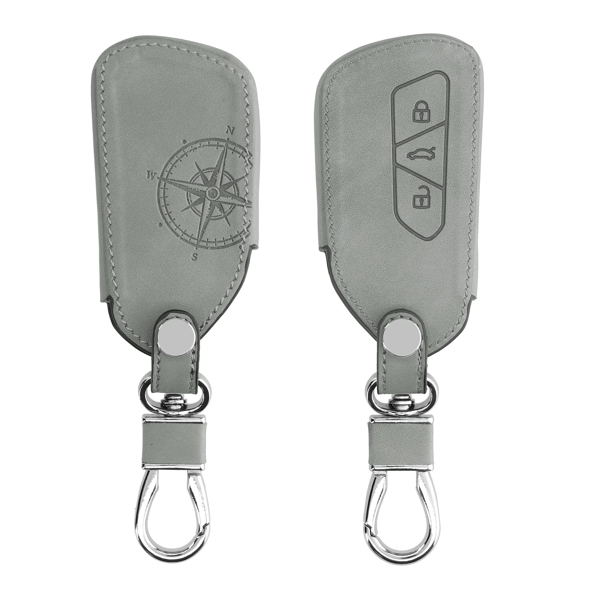 kwmobile Car Key Cover Compatible with VW Golf 8 3 Button Car Key - Synthetic Nubuck Leather Fob Cover - Navigational Compass Grey