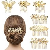 6 Pcs Leaf Hair Side Combs Gold Rhinestone Hair Combs with Teeth Bridal Metal Decorative Butterfly Rhinestone Slide Comb for Women and Girls Bridesmaid Christma Parties Prom Dance