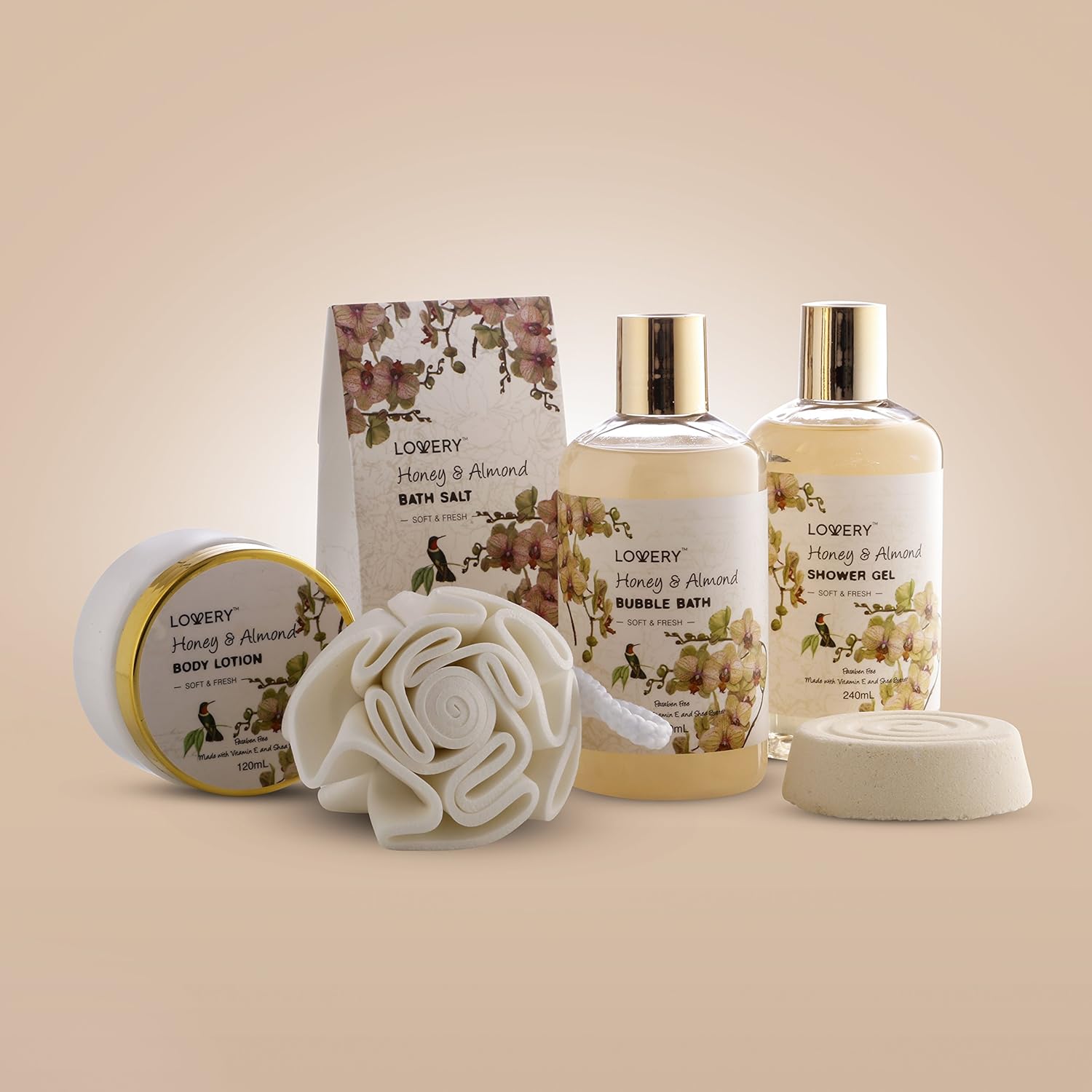Home Spa Gift Basket - Honey & Almond Scent - Luxury Bath & Body Set For Women and Men - Contains Shower Gel, Bubble Bath, Body Lotion, Bath Salt, Bath Bomb, Bath Puff & Handmade Weaved Basket : Beauty