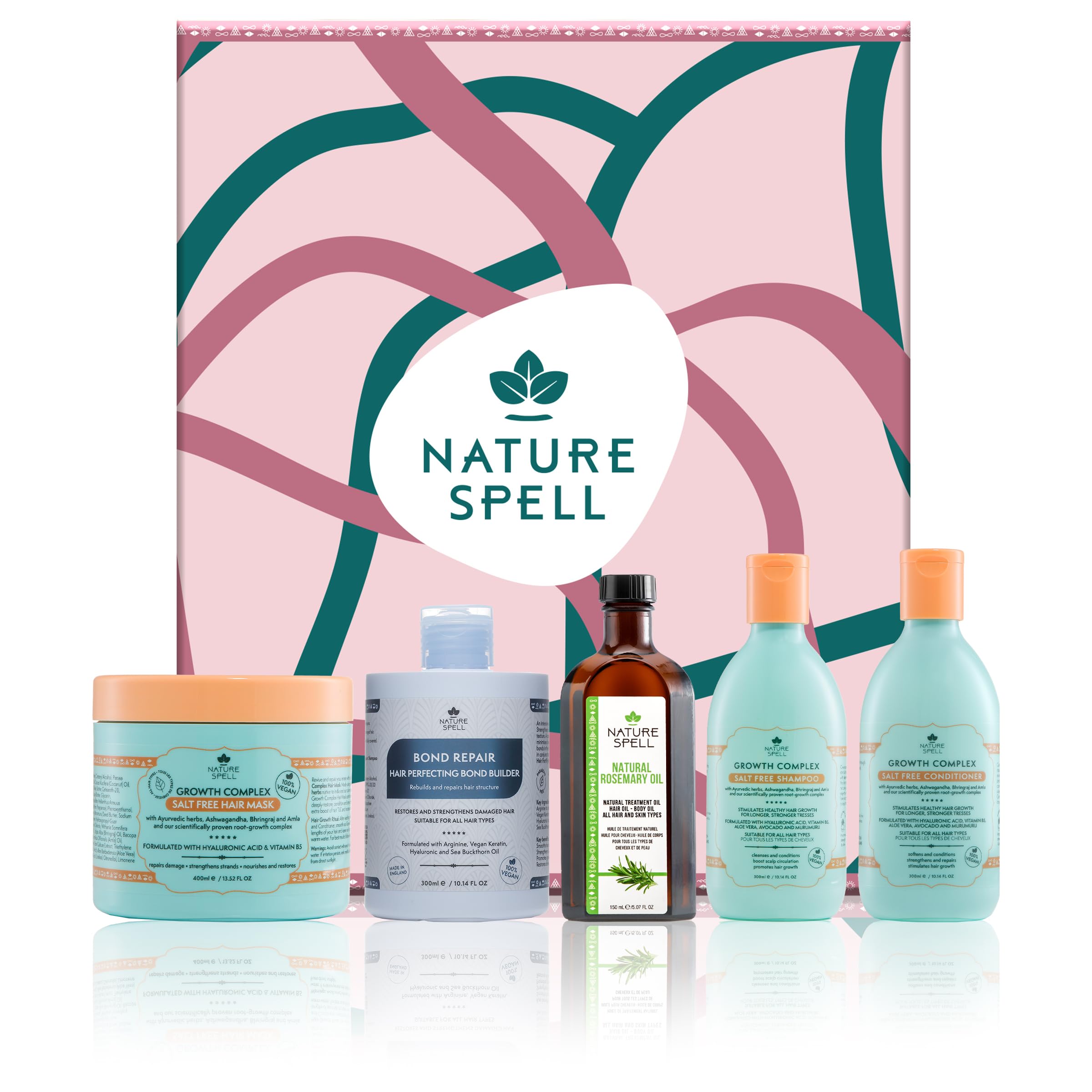 Nature Spell Haircare Heroes Gift Set - Shampoo & Conditioner,Hair Mask,Bond Builder & Rosemary Oil for Hair Growth, 5 Products