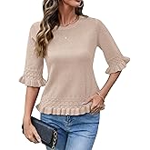 AKEWEI Womens 3/4 Sleeve Sweater Crewneck Knit Peplum Tops Lightweight Casual Pullover Cropped Sweaters