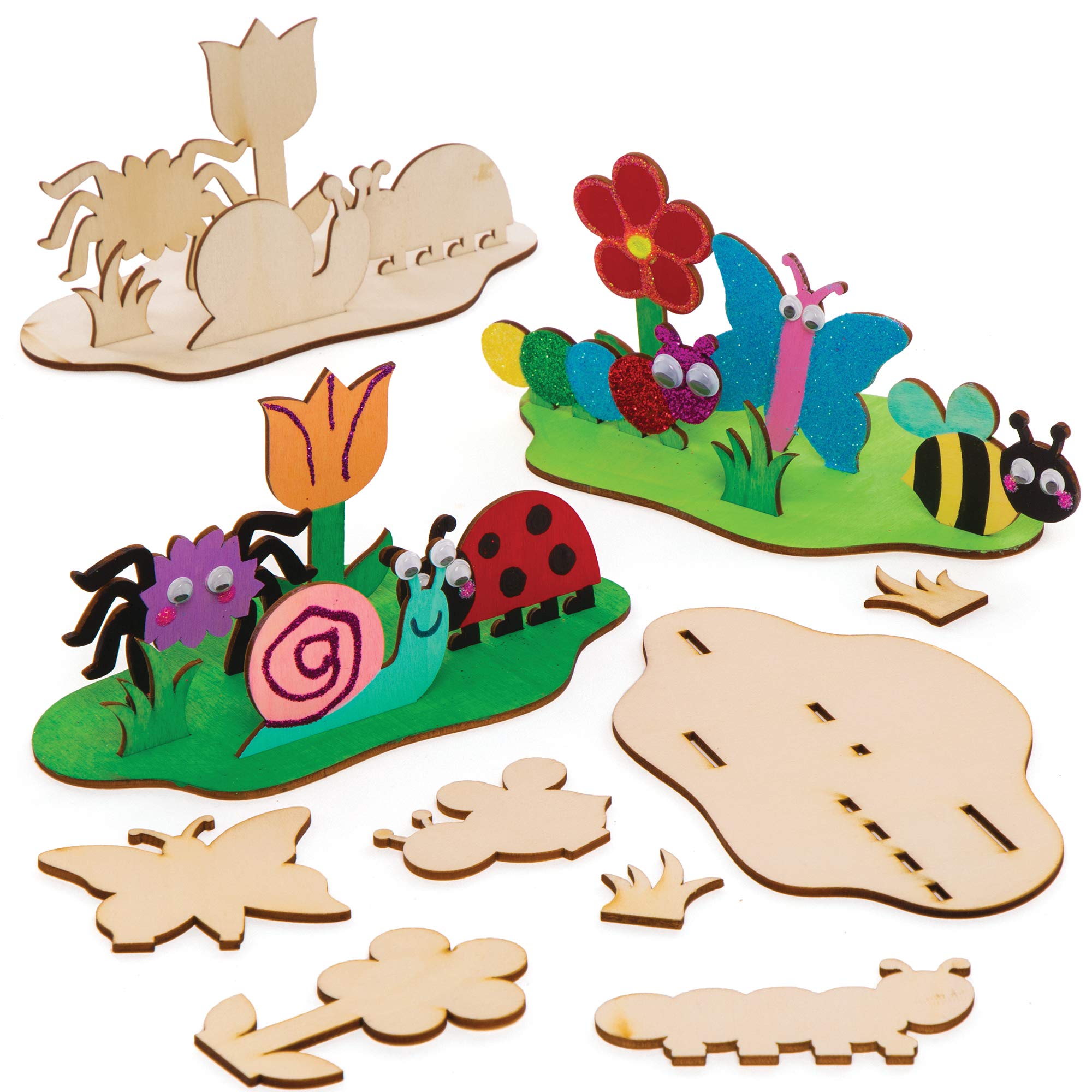 Baker Ross AT623 Wooden Bug Scene Kits - Pack of 4, Woodcrafts for Kids to Design, Paint, Decorate and then Use