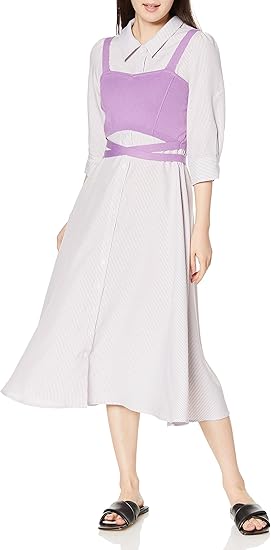 Amazon ミーア カジュアルドレス ビスチェ付ストライプシャツワンピース レディース パープル F ワンピーススーツ 通販