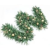 9FT Pre-Lit Artificial Christmas Garland with 50 Led Light, Green, Decorated with Pine Cones, Glitter Powder Gold Ball, Christmas Collection Indoor Outdoor Decor