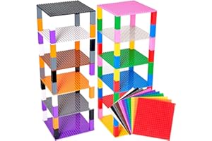 Strictly Briks Stackable Baseplates - Compatible with Lego, 6 x 6 in Baseplates for Buidling Blocks, Display Tower, Expand Vertical Builds, 12 Baseplates & 80 Stakcers, Kids, Rainbow