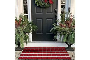 CAINANEL Buffalo Plaid Outdoor Rug Christmas Door Mat Christmas Decor Welcome Rug Cotton Hand-Woven Layered Door Mats for Front Porch, Kitchen, Farmhouse, Entryway (24"x51", Red/Black/White)