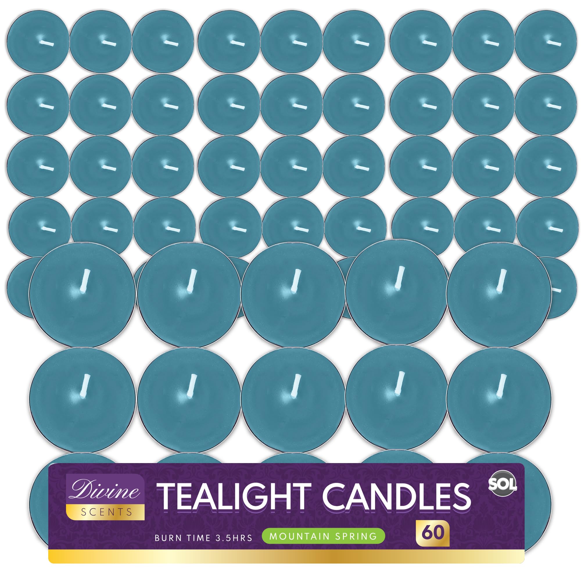 SOL 60pk Mountain Spring Scented Tea Light Candles Long Burning – 3.5 Hour Burn Time, Ideal for Home, Relaxation, Spa, Massage, Romantic Dinners, Weddings, Anniversaries, Festive Decor & Cosy Evenings