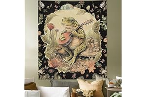 Apdidl Vintage Boho Frog Tapestry for Bedroom Aesthetic, Green Music Plant Floral Wall Tapestries, Funny Frog Decor Poster Wall Hanging with Playing Banjo for Dorm Living Room (51"X60")