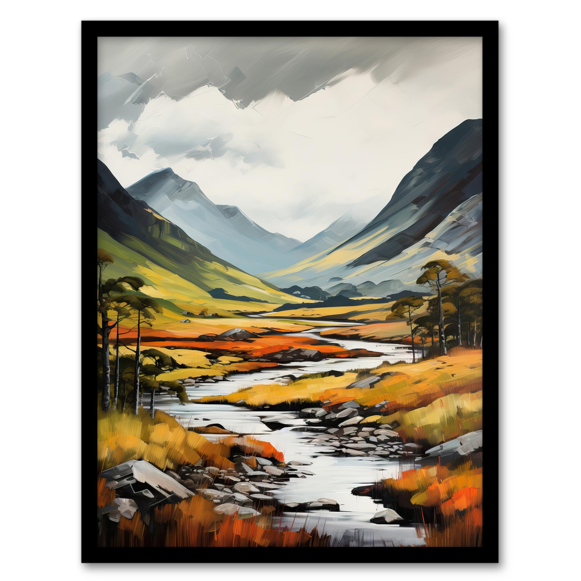 Artery8 Glencoe Valley Oil Painting Scotland Majestic Mountain Range And River Coe Art Print Framed Poster Wall Decor 12x16 inch