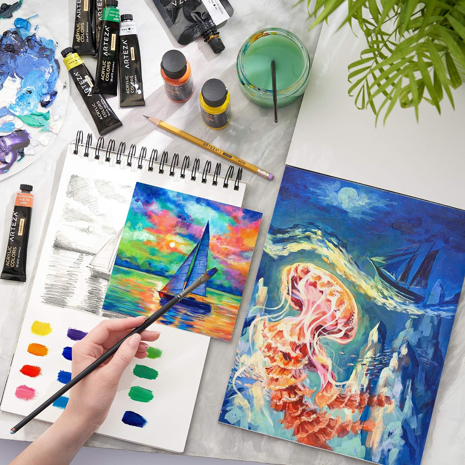 Arteza 9x12” Canvas Pad, 2 Pack, 20 Sheets, 100% Cotton, Primed with Acid-Free Gesso, Glue-Bound Pad of Canvas Paper for Acrylic Painting or Oil Paint, Ideal for Painting and Mixed Media