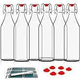 Otis Classic Swing Top Glass Bottles - Set of 6, 16oz w/Marker & Labels - Clear Bottle with Caps for Juice, Water, Kombucha, 