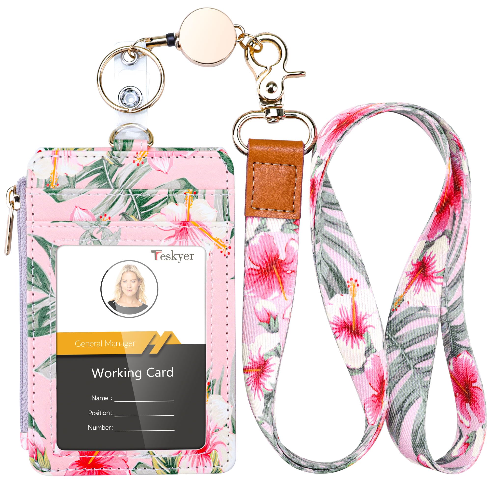 Teskyer Retractable Lanyard with Card Holder, Badge Holder with Zipper Pocket, Holds 4 Cards, with Clear Window, PU Leather, Vertical, Hibiscus
