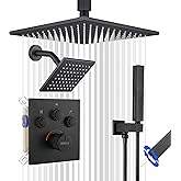 SHOYELA Thermostatic Shower System Matte Black, Push Button Diverter Shower Faucet with 2 in 1 Handheld, Ceiling Mount 12 Inch Shower Head with 6 Inch Wall Mount Shower Head
