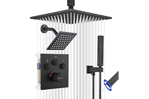 SHOYELA Thermostatic Shower System Matte Black, Push Button Diverter Shower Faucet with 2 in 1 Handheld, Ceiling Mount 12 Inch Shower Head with 6 Inch Wall Mount Shower Head