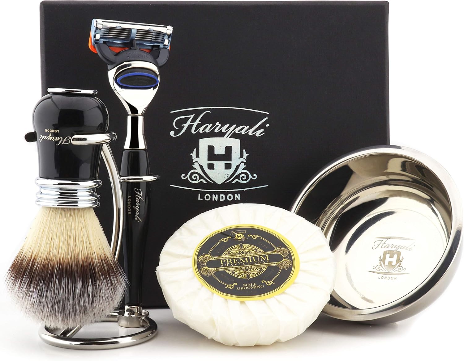 Haryali London Mens Luxury Black Shaving Kit 5 Edge Shaving Razor with Synthetic Badger Hair Shaving Brush, Stand