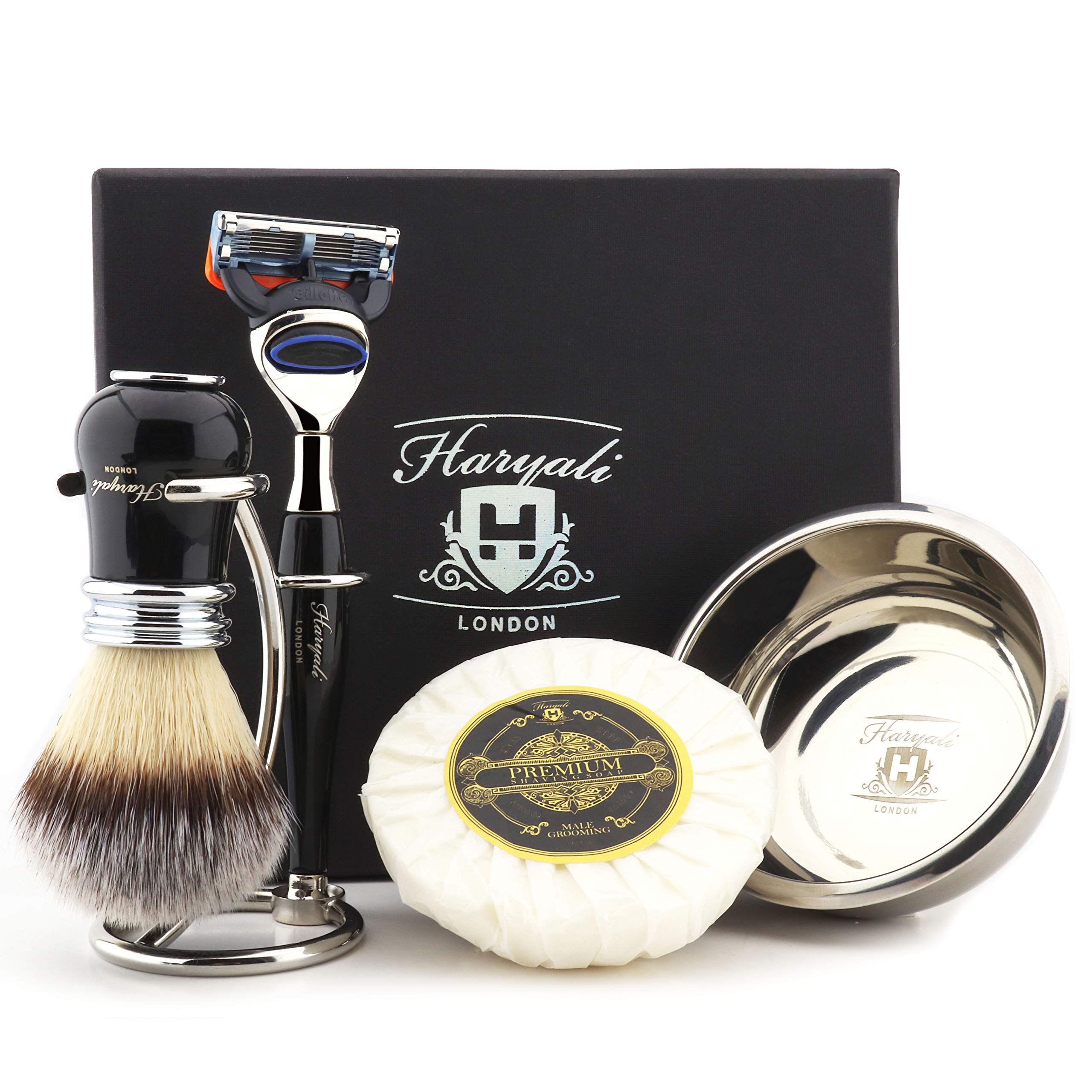 Haryali London Mens Luxury Black Shaving Kit 5 Edge Shaving Razor with Synthetic Badger Hair Shaving Brush, Stand, Soap and Bowl Perfect Set for Men