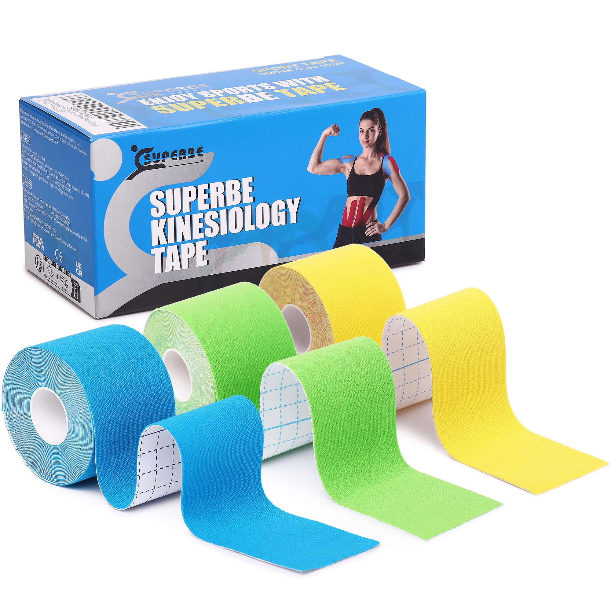 SUPERBE Kinesiology Tape, K Sports Tape Muscle Tape for Knee Shoulder Ankle Elbow, 5cm X 5m (Blue, Green, Yellow)
