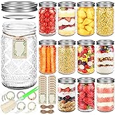 32 oz Mason Jars with Airtight Lids and Bands, 12-Pack with Wide Mouth, Rustic Stickers & Tags, Quart Glass Canning Jars for Pickling, Food Storage, Fermentation,Overnight Oats