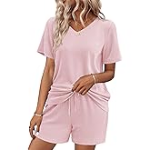 Ekouaer Womens Pajama Sets Short Sleeve Knit Lounge Set 2 Piece Pj Sets for Women V Neck Casual Loungewear