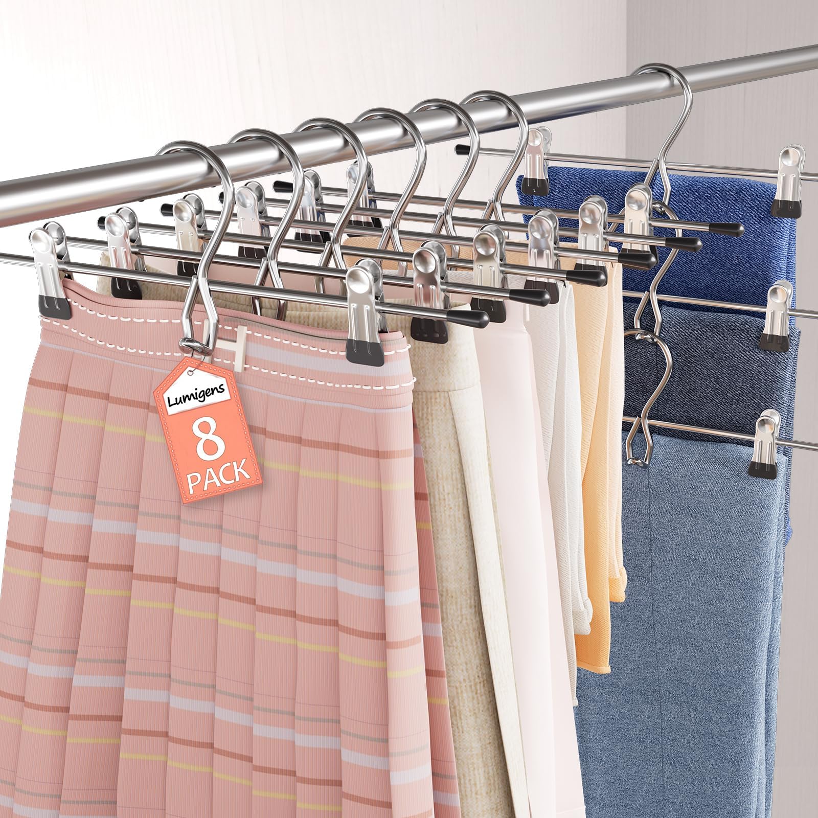 Photo 1 of Pants Hangers Space Saving,Stackable Skirt Hangers with Clips, Hanging Closet Organizer and Storage,Clothes Hangers, College Dorm Essentials Apartment Essentials- 8 Pack