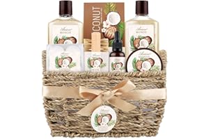 ARIOSEMONDE Bath & Shower Spa Basket Gift Set, Coconut Scent, with Shower Gel, Bubble Bath,Body Lotion, Bath Bomb,Bath Salt, Bath and Body Gift Box for Women
