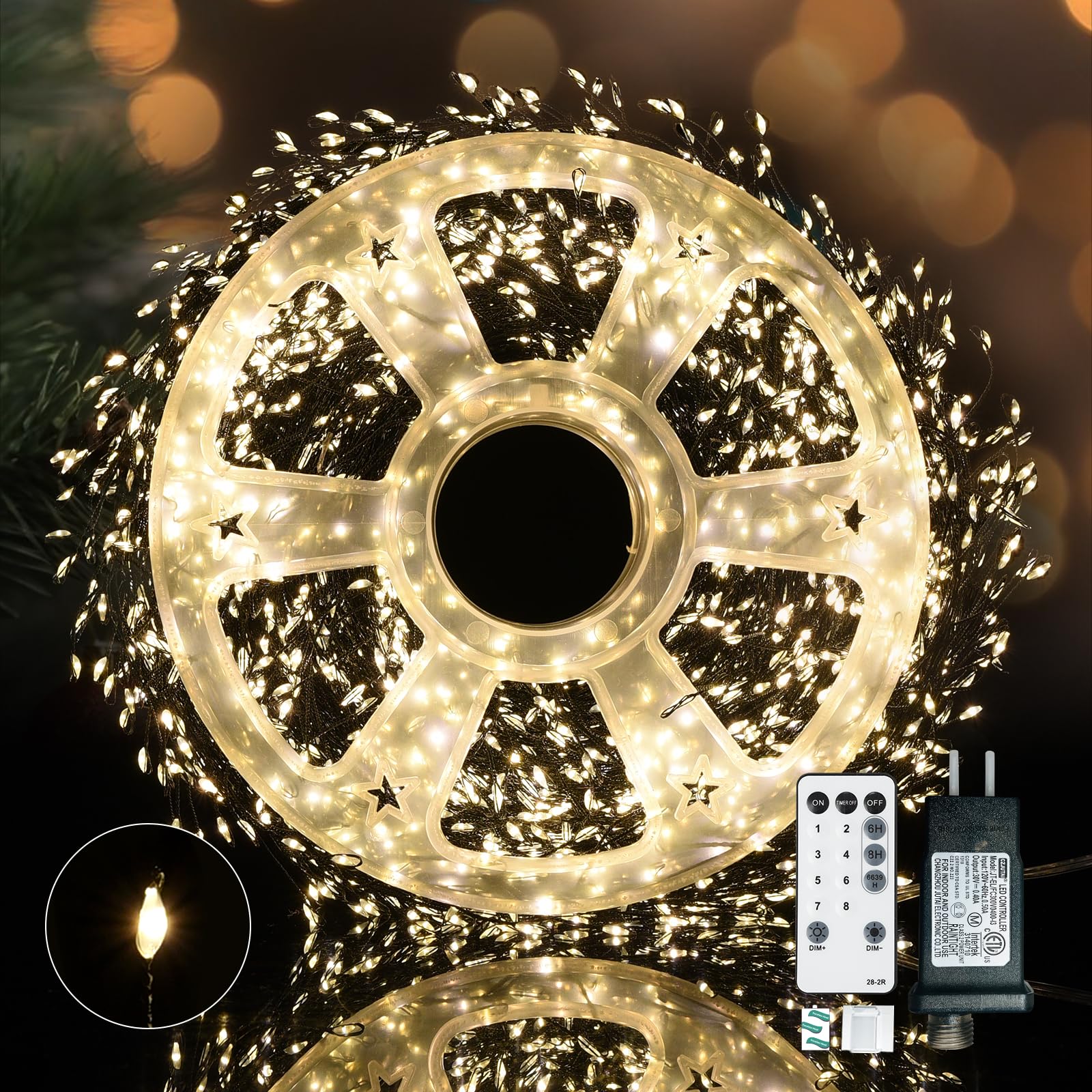 Dailyart Fairy Lights Plug in, 3000 Led Cluster Lights with Timer 195Ft Waterproof Warm Twinkle String Light with Remote for Bedroom Wreath Garland Window Wedding Christmas Tree Decoration,Black Wire Image