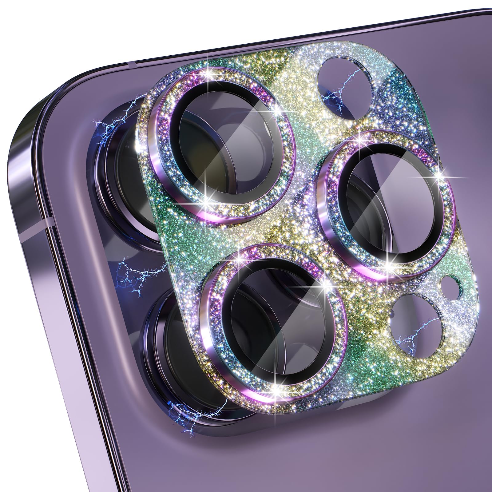 Choiche for iPhone 14 Pro/iPhone 14 Pro Max Camera Lens Protector, Bling Camera Cover with 9H Tempered Glass Lens Screen Protector Metal Ring Decoration Accessories (Glitter-Rainbow)