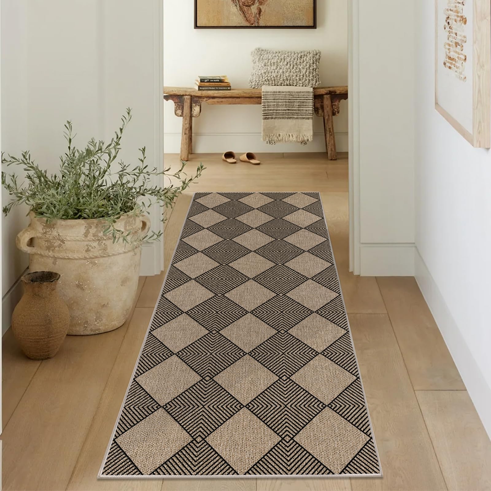 Photo 1 of SHACOS Easy Jute 2x6 ft Washable Runner Rug Non Slip Low Pile Woven Texture Geometric Diamond Farmhouse Rug for Entryway Hallway Patio Kitchen Porch Indoor Outdoor, Black Checkered