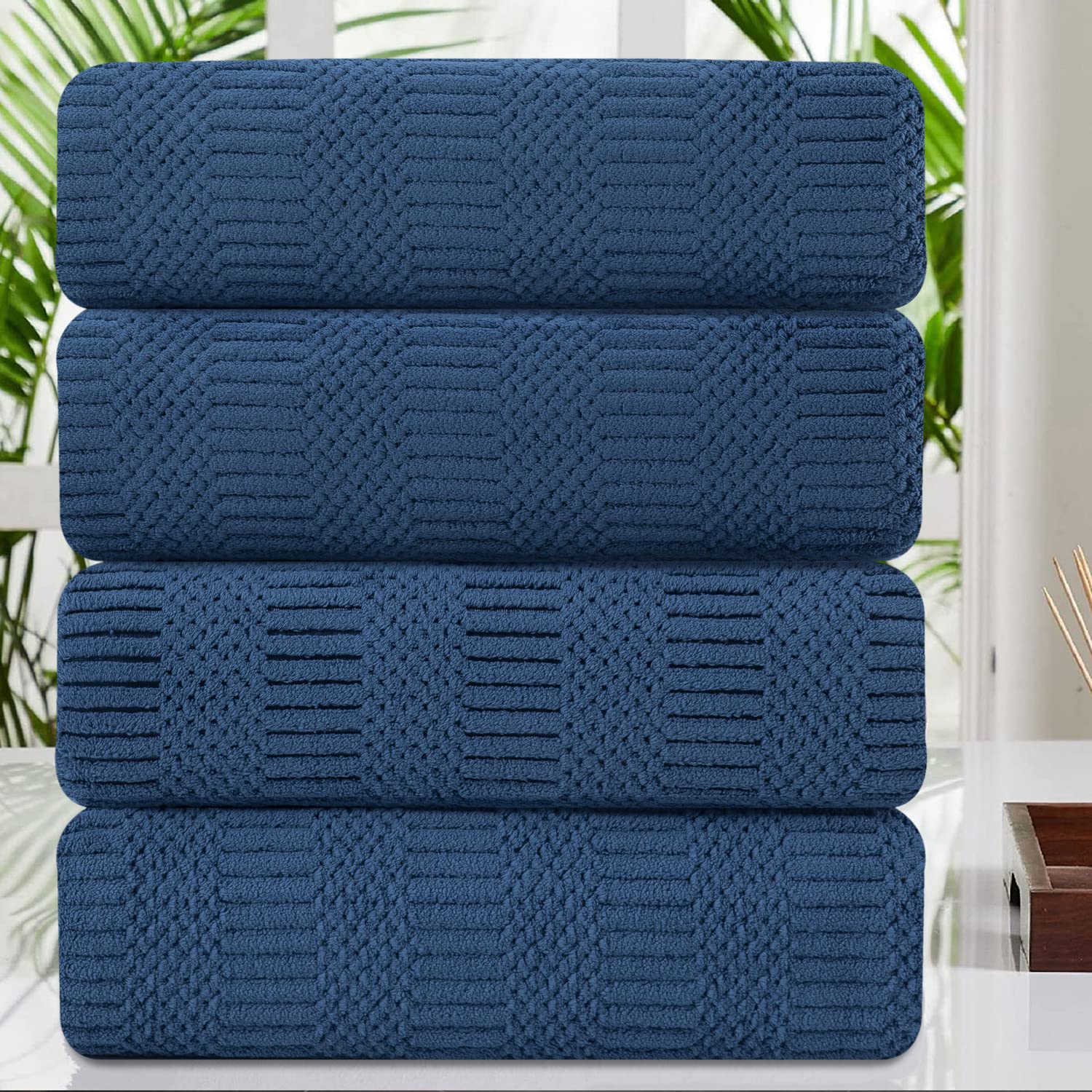 Photo 1 of 4 Pcs Navy Large Bath Towel Set 35"x70" Extra Large Bath Sheets Oversized Jumbo Towels for Bathroom 600GSM Soft Highly Absorbent Quick Dry Beach Chair Towel Woven Towels for Hotel and Spa