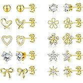 LOYALLOOK Gold Stud Earrings for Women Hypoallergenic - 14K Gold Plated Surgical Steel Earrings for Sensitive Ear Women Dainty Cute Heart Flower Bow Earrings Set Cubic Zirconia Earrings Studs