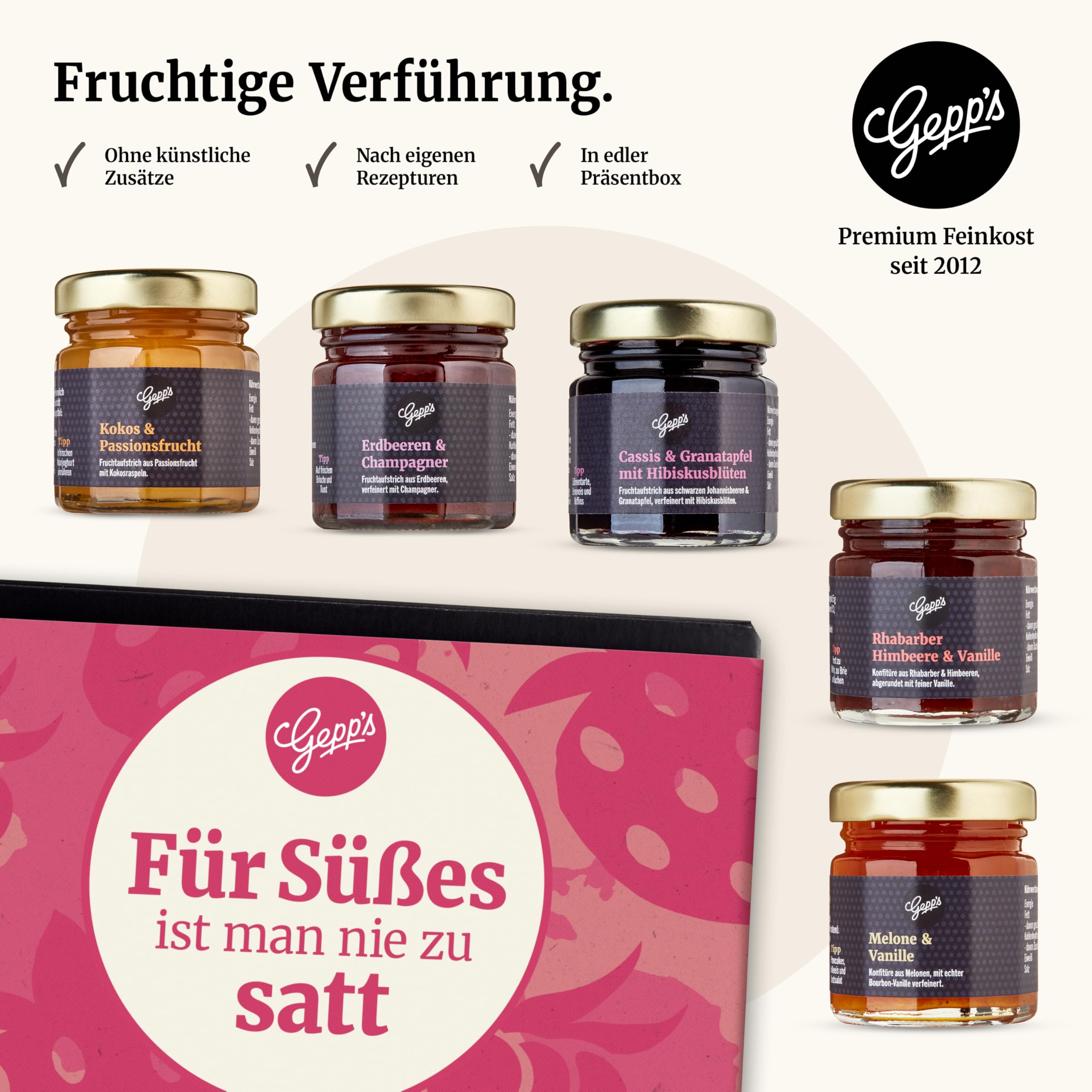 Gepp's Feinkost Frühstück Marmeladen Set I Mini Konfitüren in verschiedenen Geschmacksrichtungen I Geschenk mit Spezialitäten wie Mango Ingwer Erdbeer & Champagner Fruchtaufstrich 2