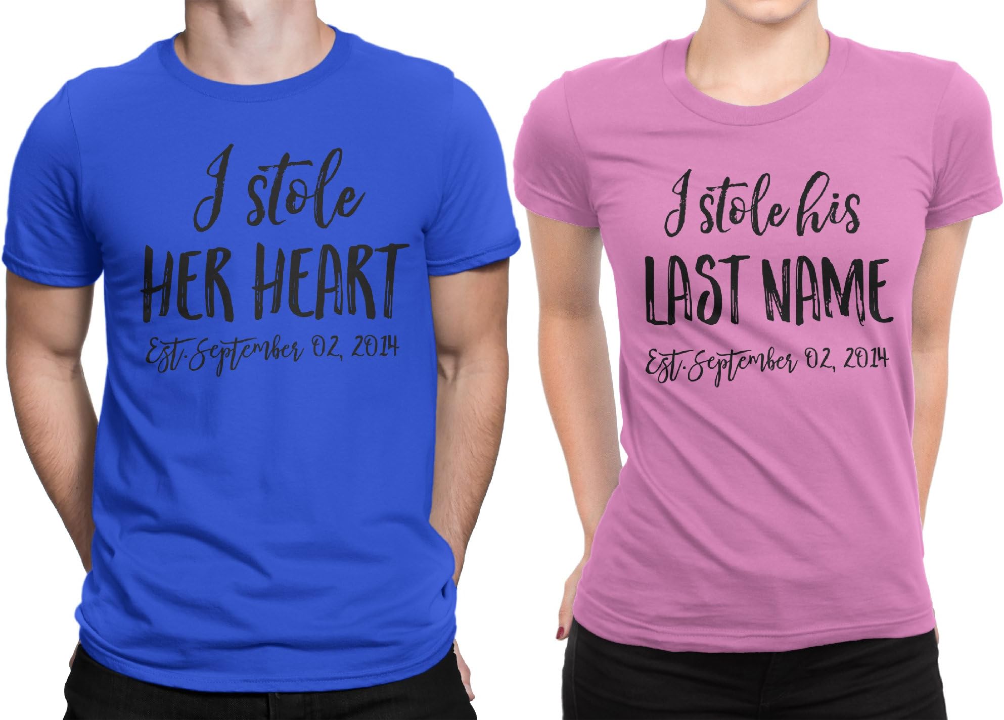 I Stole Her Heart - I Stole His Lastname Couple Matching T-Shirt Honeymoon Men Large/Women Medium | Royal Blue - Pink